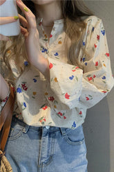 Camisas tipo blusa floral dulce de manga larga